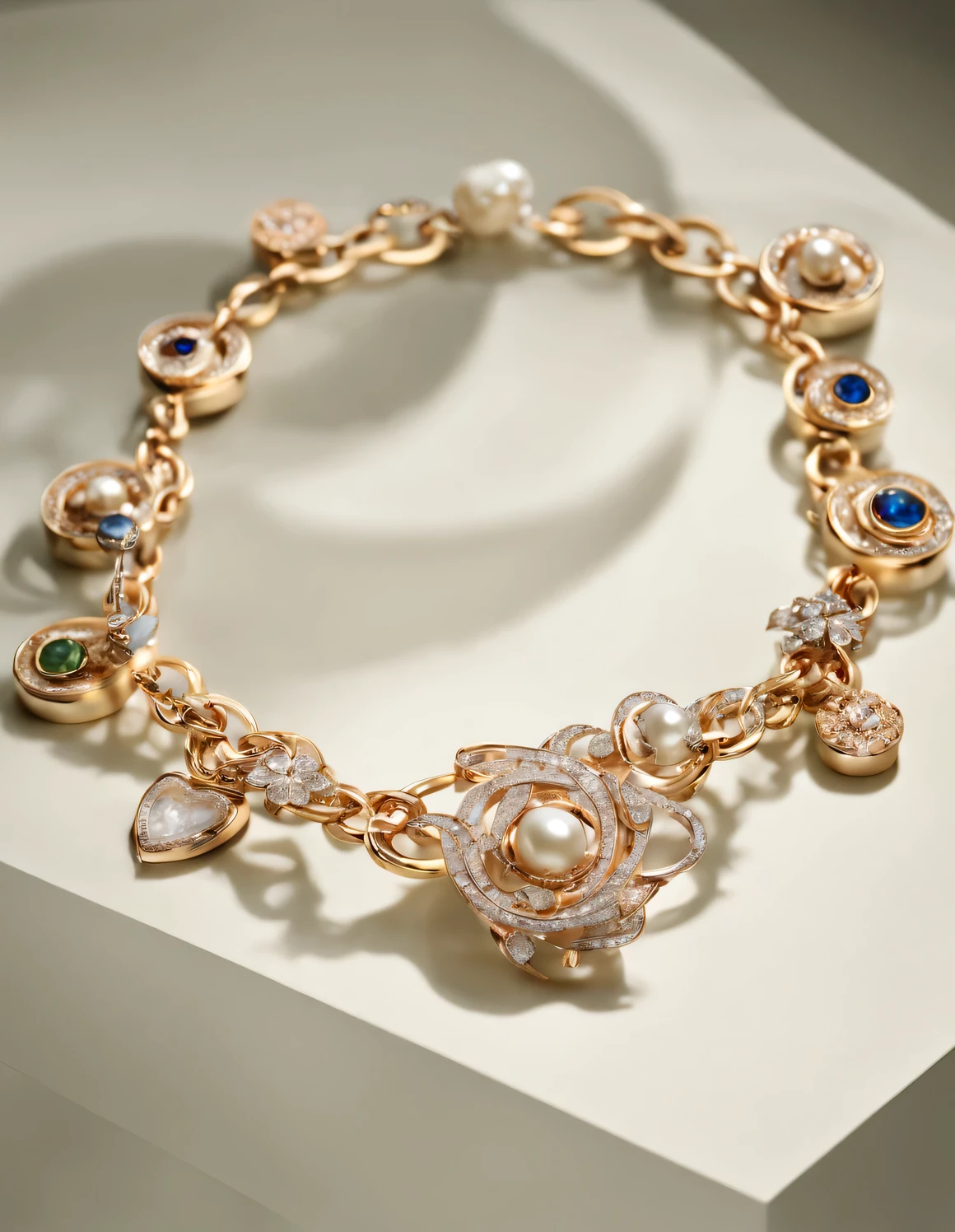 ancient roman style , portrait，In 1920，Unique pearl and diamond bracelet style bracelet，Stand out with its exaggerated design and exquisite craftsmanship。First of all, this kind of bracelet is very visually impactful..。its beads are larger than ordinary ones，and extremely dense。Some pearls are as big as quail eggs，The surface shines with a deep luster，Seems to reflect everything around it。And the inlay of diamonds is even more bold，Each one is as bright as a star，Covers almost the entire surface of the bracelet。
The chain part of the bracelet is return different。it不是由单一的黄金或platinum制成，it is made of a mixture of various metals，such as gold、platinum、rose gold etc..，Create unique color contrasts。The shape of the chain is return carefully designed，distortion、bending，return，This kind of bracelet usually comes with various pendants and decorations。Some pendants are heart-shaped，Some are flowers or other abstract shapes。These pendants and ornaments feature pearls and diamonds，Make the whole bracelet look more gorgeous and exaggerated。This bracelet is very eye-catching，几乎所有的目光都会被it吸引。People who wear this kind of bracelet will undoubtedly become the focus of banquets or social occasions.。it&#39;More than just a decoration，it is return a symbol of personality and status.。