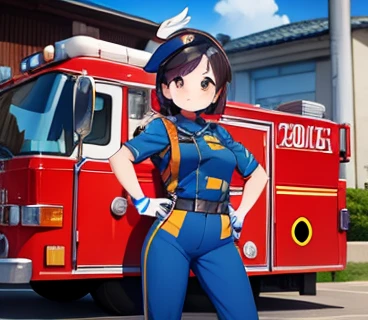 arafed woman in blue and orange uniform saluting for a fire truck,