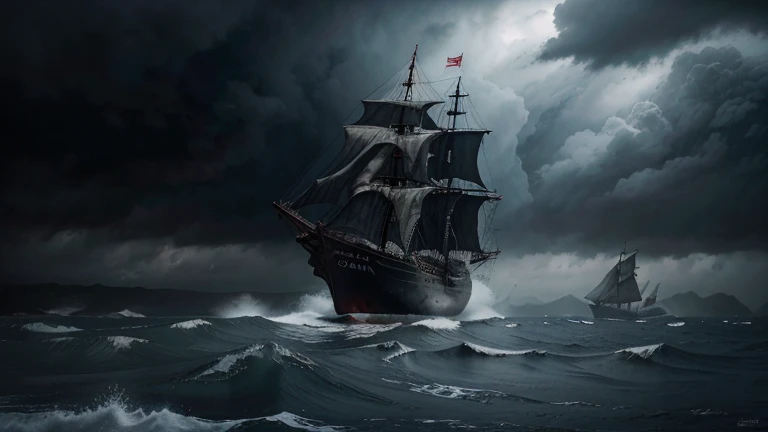 one giant ship, red sails, dark blue water, big waves, storm in the sky, grey sky, big mountains in the background, grey clouds, skeleton sailors, inspired by the works of Beksinski.