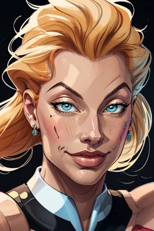 (cartoon style:1.2), Drawings of ([Margot Robbie]), perfect eyes, detailed face, black background, fun posing, flirty look, Centered, scale to fit the dimensions