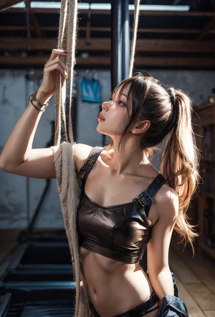 nsfw, bondage costume transparant, sexy african girl, seduce, Indoor rock climbing gym