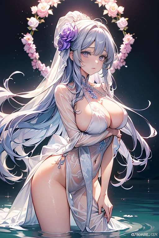 ((top quality)),(ultra high resolution),(Super detailed),(detailed description),((the most picturesque works of art),super precision art,amazing art of depiction,fantasy art:1.5, ((綺麗なflower々:1.3)), (glamorous body:1.5),fancy background effects、masterpiece、fancy details、(NSFW 1.1), ((1 female)), ((muste piece)), ((extremely detailed:1.3)), ((Beautiful woman entering the lake in crystal clear water)), ((beautiful long hair)), wet hair, wearing a transparent dress, Bathing clothed, (水に浮かぶバラのflowerびら:1.5), (early morning light), ivory gold AI, temple, crepuscular lighting, (very huge )、pink nipples、pink areola,Transparent pink areola、((Transparent pure white wedding dress that shows your skin、Detailed design))、Arranged,intimate, rose garden、colorful roses、lake with floating roses、wet body、(頭にflowerの装飾)、大きなflowerいっぱい、solo, water play, flowerいっぱいの髪飾り, flower々, sky porn,Pure white dress that becomes transparent when wet, shines wet with water、(muste piece),(Highly detailed CG Unity 8K wallpaper),best quality,cinematic lighting,detailed background,beautiful detailed eyes,bright pupils, (very delicate and beautiful),(Beautiful and detailed eyes),((muste piece)),(Purple eyes)