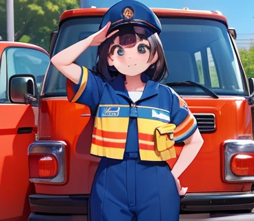 arafed woman in blue and orange uniform saluting for a fire truck,