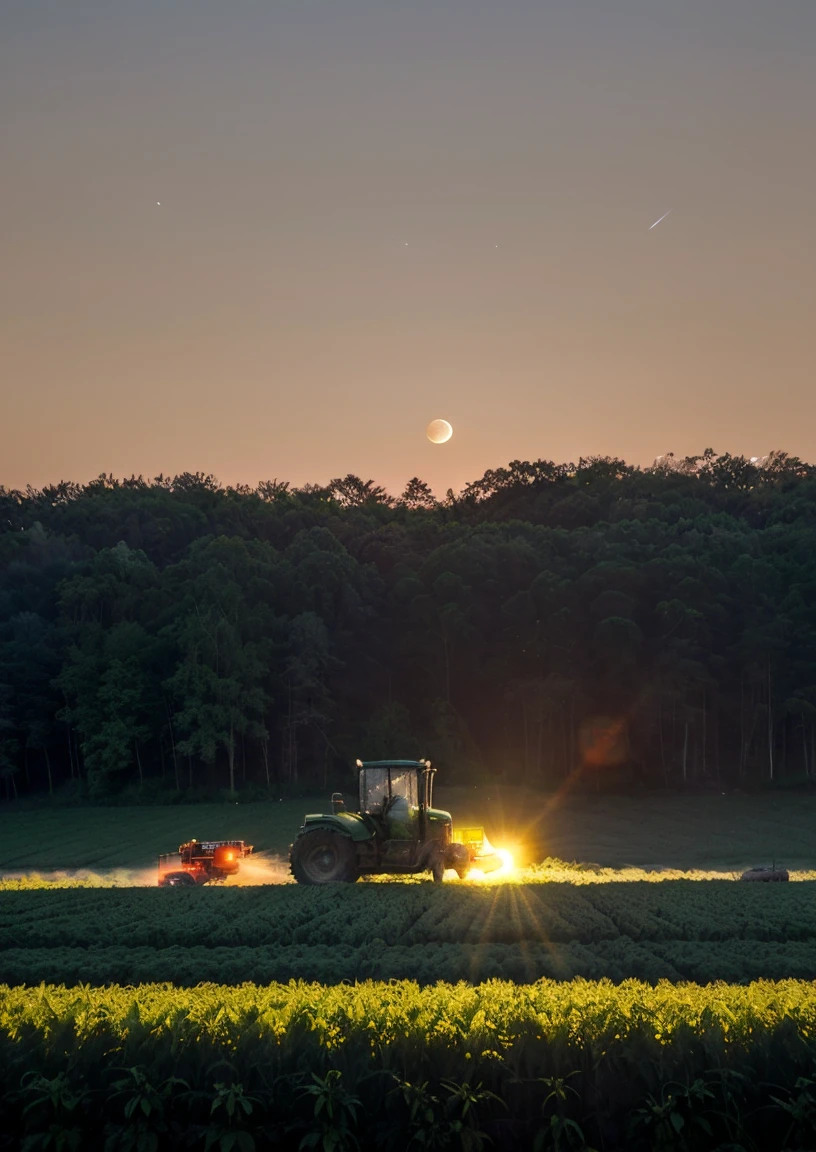 one large green tractor plowing fields of cut crops, in the background a sunset with a low red sun, the moon and the first stars just beginning to appear in the sky. Birds are flying nearby, a forest can be seen in the distance on one side.