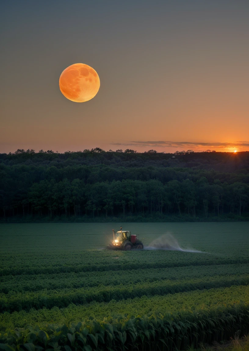 one large green tractor plowing fields of cut crops, in the background a sunset with a low red sun, the moon and the first stars just beginning to appear in the sky. Birds are flying nearby, a forest can be seen in the distance on one side.