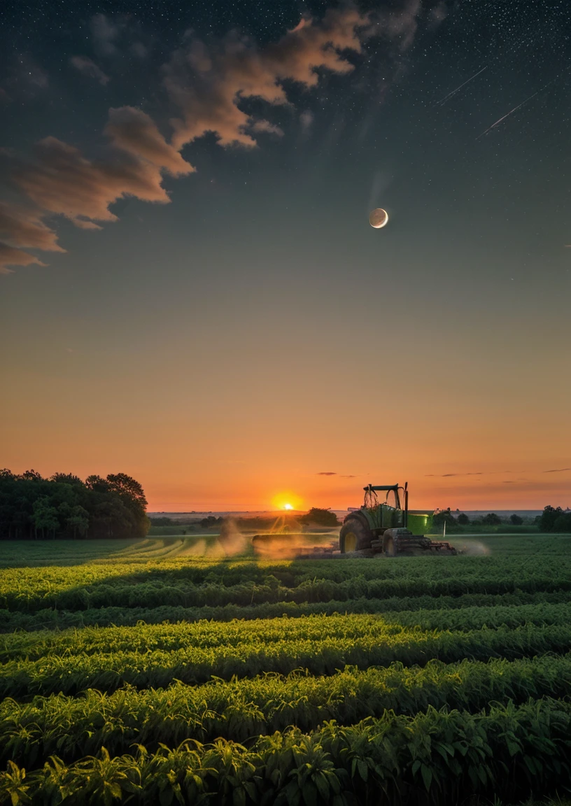one large green tractor plowing fields of cut crops, in the background a sunset with a low red sun, the moon and the first stars just beginning to appear in the sky. Birds are flying nearby, a forest can be seen in the distance on one side.