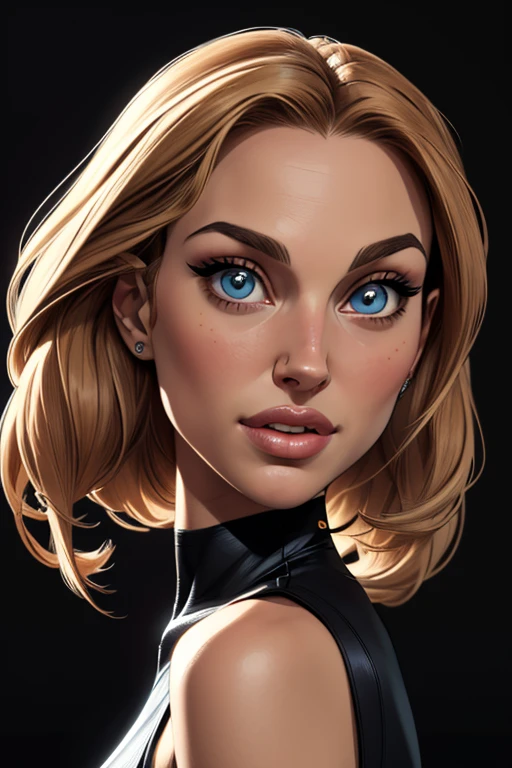 (cartoon style:1.2), Drawings of ([Natalie Portman]), perfect eyes, detailed face, black background, fun posing, flirty look, Centered, scale to fit the dimensions