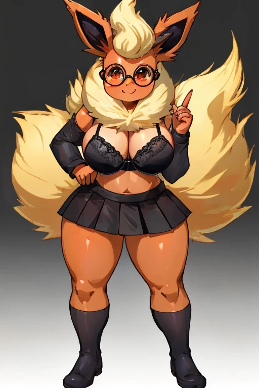 ((Flareon)), anthropomorphic, big breasts, big ass, pokemorph, (((1girl))), (((black bra))), (black Egyptian skirt), (black flats), full body, cute and sexy, fiery red skin, (round glasses), long legs, smiling