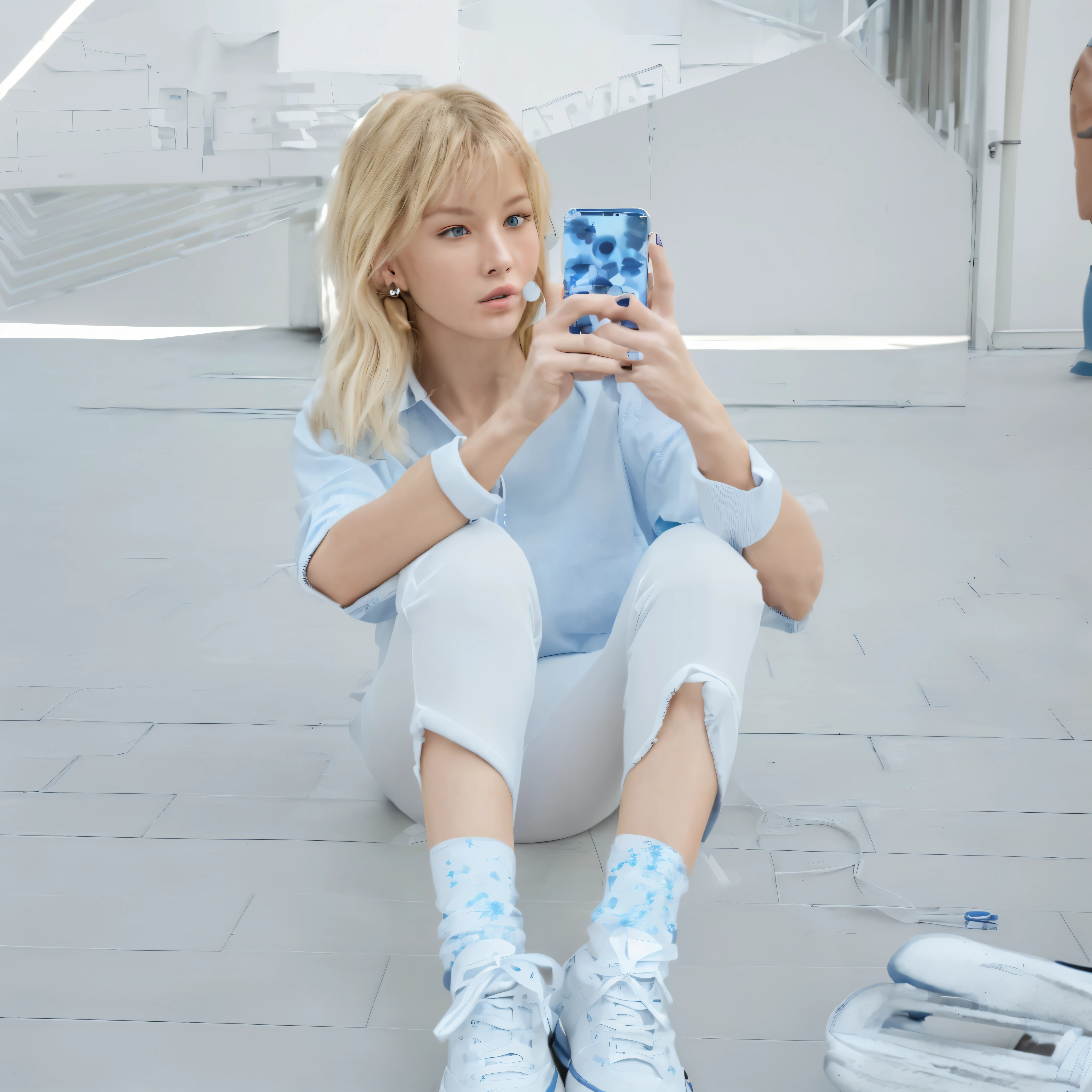 Someone like a magazine model、beauty、beautiful european blonde woman、well-groomed face、Model Solo、Take a full body photo、light blue overshirt、big white pants、Blue and white sneakers、fashionable watches、earrings、