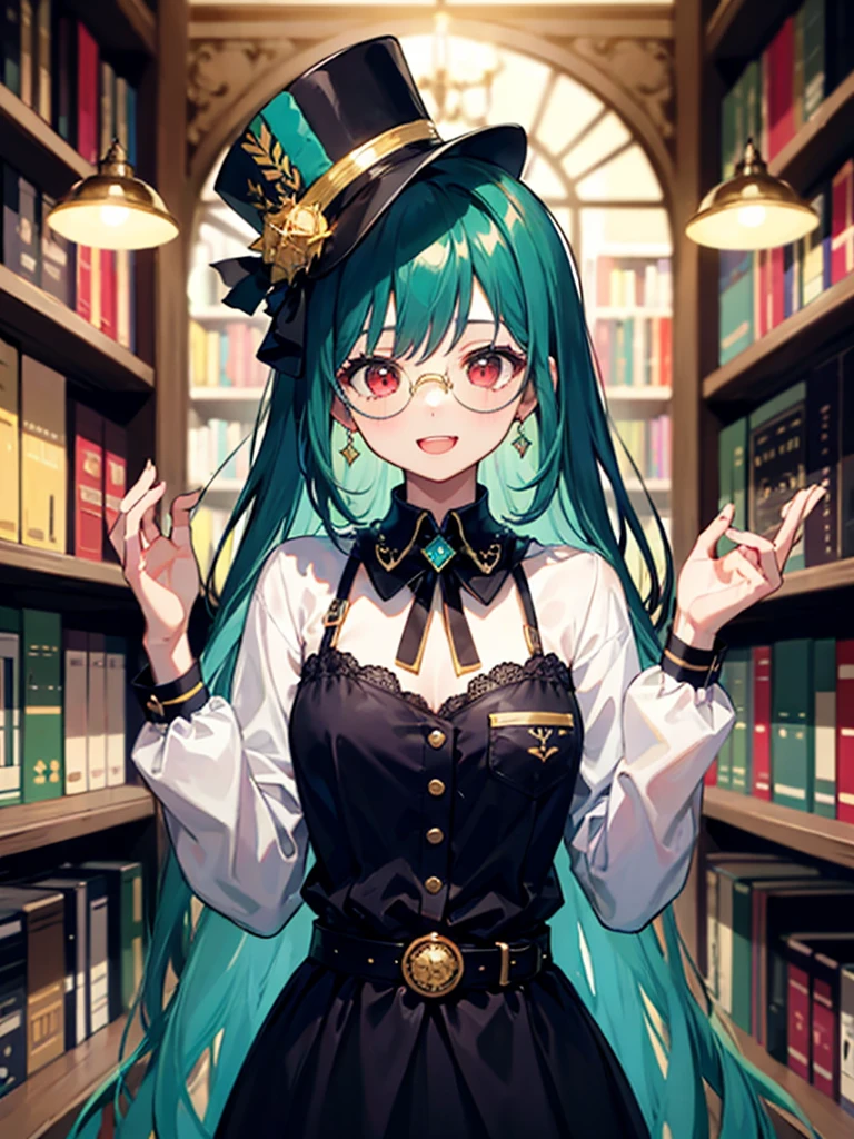 (((masterpiece、Highest image quality、highest quality、highly detailed unity 8kwallpaper)))、((Illustration of one girl、upper body))、(((beautiful girl)))、(librarian)、(Emerald green hair、messy hair、sidelocks:1.2、red eyes、crazy smile)、(((flat chest)))、(((monocle)))、pocket watch、(((Black top hat、Black tuxedo、belt)))、great medieval library、Large amount of books