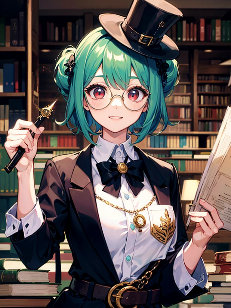 （（（masterpiece、Highest image quality、highest quality、highly detailed unity 8ｋwallpaper）））、（（Illustration of one girl、upper body））、（（（beautiful girl）））、（librarian）、（Emerald green hair、messy hair、sidelocks：1.2、red eyes、crazy smile）、（（（flat chest）））、（（（monocle）））、pocket watch、（（（Black top hat、Black tuxedo、belt）））、great medieval library、Large amount of books