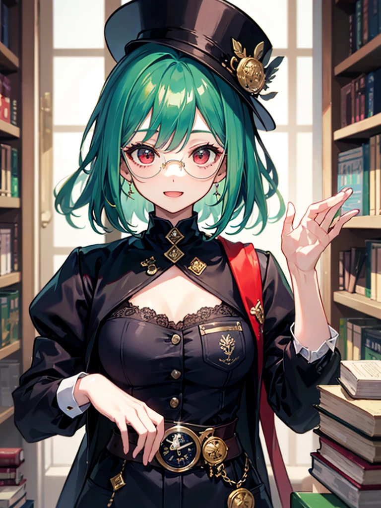 (((masterpiece、Highest image quality、highest quality、highly detailed unity 8kwallpaper)))、((Illustration of one girl、upper body))、(((beautiful girl)))、(librarian)、(Emerald green hair、messy hair、sidelocks:1.2、red eyes、crazy smile)、(((flat chest)))、(((monocle)))、pocket watch、(((Black top hat、Black tuxedo、belt)))、great medieval library、Large amount of books