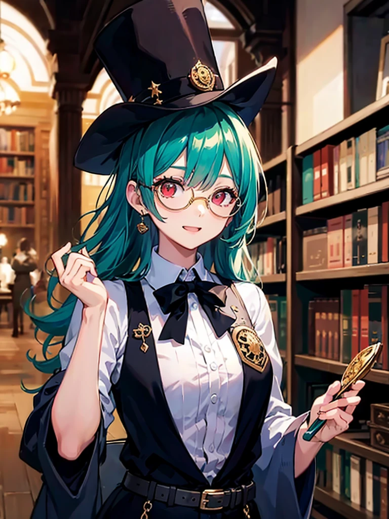 （（（masterpiece、Highest image quality、highest quality、highly detailed unity 8ｋwallpaper）））、（（Illustration of one girl、upper body））、（（（beautiful girl）））、（librarian）、（Emerald green hair、messy hair、sidelocks：1.2、red eyes、crazy smile）、（（（flat chest）））、（（（monocle）））、pocket watch、（（（Black top hat、Black tuxedo、belt）））、great medieval library、Large amount of books