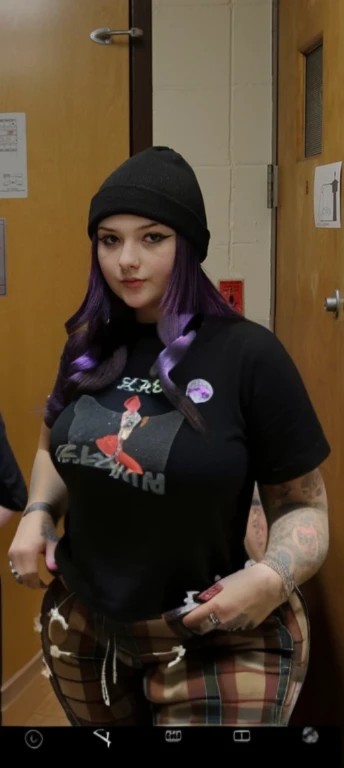 two women in black shirts and plaid pants standing in a room, tall female emo art student, female emo art student, 1 7 - year - old goth girl, dressed in crustpunk clothing, she has purple hair, low quality photo, dark purple hair and cybernetics, very very low quality picture, taken in the early 2020s, big tits, upper body zoom, Big tits, huge tits, no clothes, sexy, cute, minimal clothes, thick, bbw, chubby stomach, thick nipples, nipple piercings, large areola, hard nipples, piercing through shirt, nipples hard through shirt, busty, major cleavage, naked, ripping through top, spilling over sides, bra too tight, giant tits, extra wide hips, upper body zoom in, showing off huge tits, fat stomach, see through top, fat bbw, large areola showing, thick thighs, wide hips, fat stomach, extra wide hips, bbw, showing waist, grabbing body to show off, tall girl, sexy pose