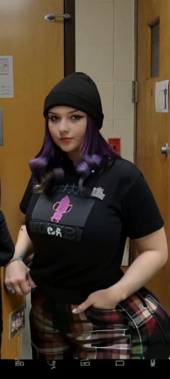 two women in black shirts and plaid pants standing in a room, tall female emo art student, female emo art student, 1 7 - year - old goth girl, dressed in crustpunk clothing, she has purple hair, low quality photo, dark purple hair and cybernetics, very very low quality picture, taken in the early 2020s, big tits, upper body zoom, Big tits, huge tits, no clothes, sexy, cute, minimal clothes, thick, bbw, chubby stomach, thick nipples, nipple piercings, large areola, hard nipples, piercing through shirt, nipples hard through shirt, busty, major cleavage, naked, ripping through top, spilling over sides, bra too tight, giant tits, extra wide hips, upper body zoom in, showing off huge tits, fat stomach, see through top, fat bbw, large areola showing, thick thighs, wide hips, fat stomach, extra wide hips, bbw, showing waist, grabbing body to show off, tall girl, sexy pose