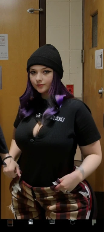 two women in black shirts and plaid pants standing in a room, tall female emo art student, female emo art student, 1 7 - year - old goth girl, dressed in crustpunk clothing, she has purple hair, low quality photo, dark purple hair and cybernetics, very very low quality picture, taken in the early 2020s, big tits, upper body zoom, Big tits, huge tits, no clothes, sexy, cute, minimal clothes, thick, bbw, chubby stomach, thick nipples, nipple piercings, large areola, hard nipples, piercing through shirt, nipples hard through shirt, busty, major cleavage, naked, ripping through top,  spilling over sides, bra too tight, giant tits, extra wide hips, upper body zoom in, showing off huge tits, fat stomach, see through top, fat bbw, large areola showing, thick thighs, wide hips, fat stomach, extra wide hips, bbw, showing waist, grabbing body to show off, tall girl, sexy pose
