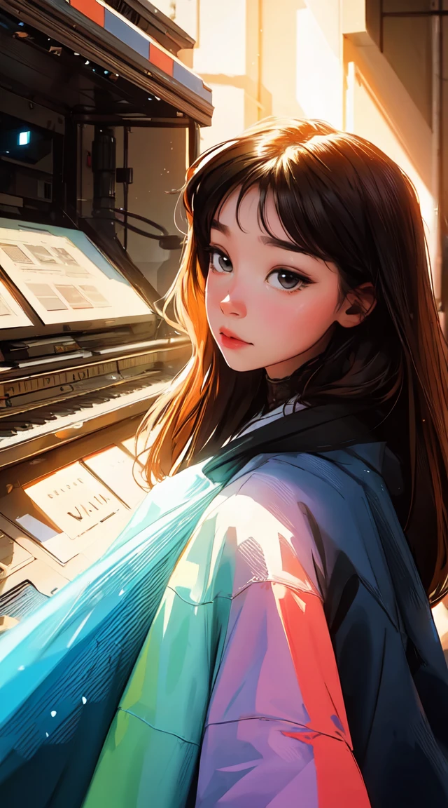 absurd, high resolution, Super detailed, (1 girl : 1.3), BREAK sheet music, analog photography, bright colors, soft focus, light leak, dreamy atmosphere, experimental charm, Nostalgic charmBREAKColor gamut, large area of color, abstract expressionism, bold shades, emotional impact, Atmospheric depth, The minimalist approach BREAK , Space exploration, celestial body, astronomical phenomenon, Discover, Merveyes'Another world, a beautiful girl, ultra high definition (Ultra-detailed) Looking at the audience dressed in hip-hop style streetwear, distinct, Colorful, long, Dark hair color 🌈