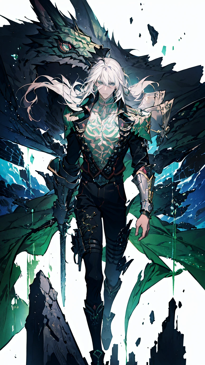 ung man,solo,gray hair,long hair,green eyes,(best quality:1.2),(masterpiece:1.2),(ultra-detailed),vivid colors,sharp focus,moolight,studio lighting,confident expression,stylish,at the ruins