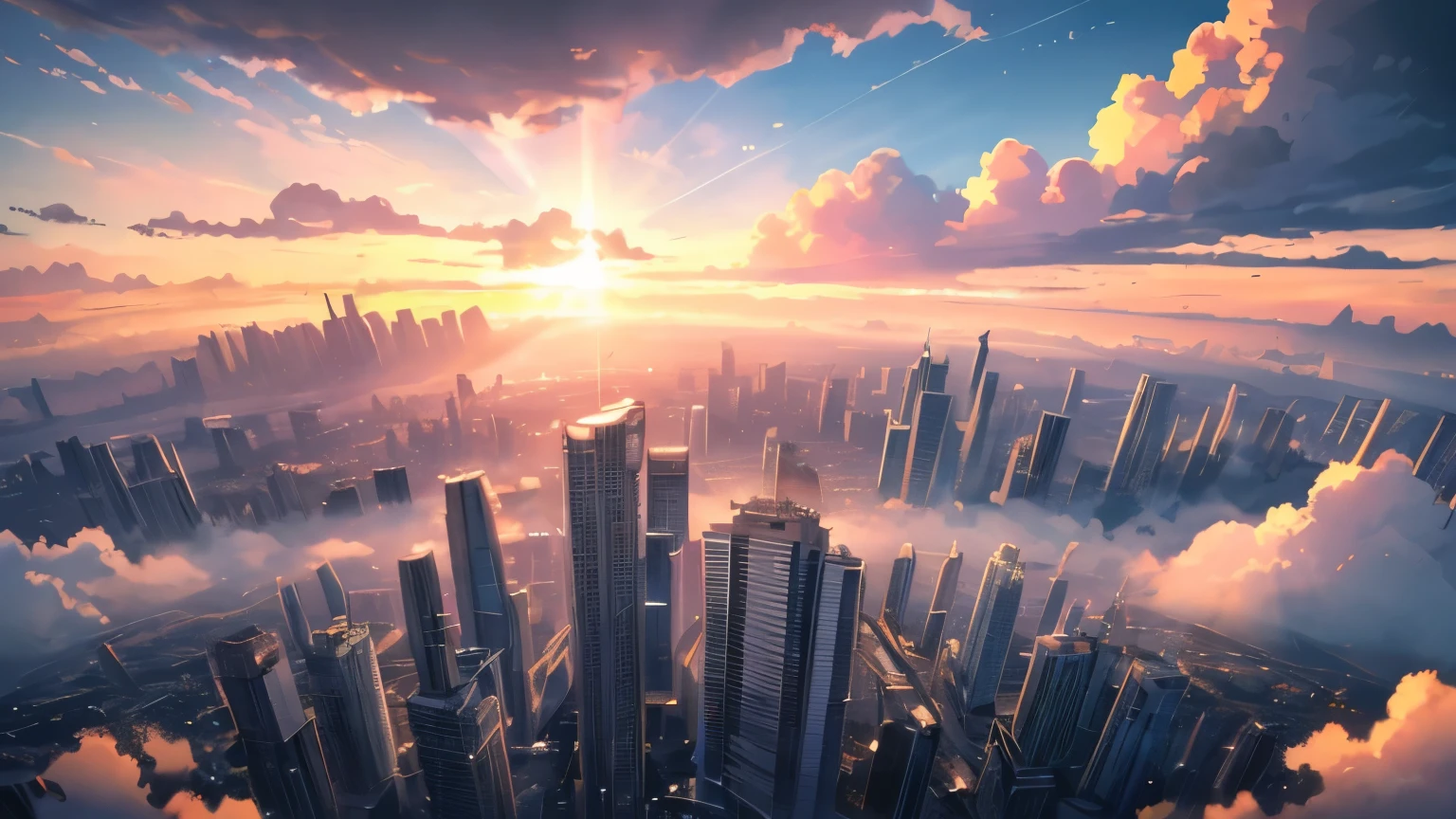 high quality, High resolution, extreme detail, no one, gray sky, feeling of hopelessness, "Enchanting sunset scene mesmerized by the rays of the sun and the golden rays of the majestic clouds, Create a vibrant color palette that inspires awe. table top." Looking up at the iridescent sky, Rear view, Degenerate cities, Dystopia,with backdrop of god rays, the sun up on the sky is strong, sky in a background, in the dramatic sky, end of the world, Miraculous cloudy background, sky in a background, Glowing clouds in the background, Some sun rays, Light and clouds, sky in a background, Clouds in the background, landscape