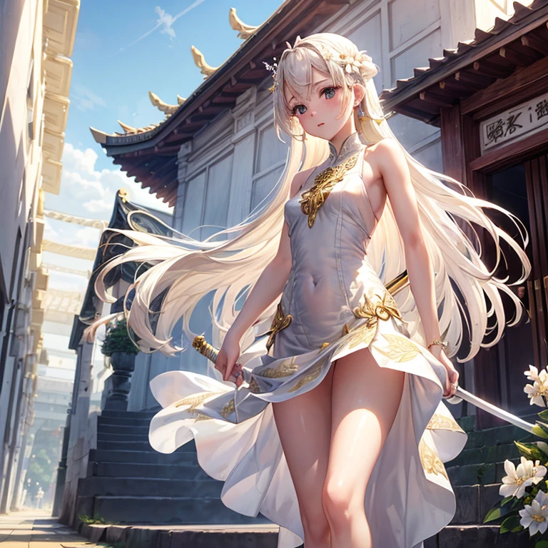 The wind flipped my skirt, Beautiful skins、beautiful breast、a blond、nsfw, Floral javanese dress clothes、long hair, flower hairpin、great sword, In the temple, walking in the road, gold accent, ((White_Summer_Dress:1.5)、1 girl, solo, Small breasts, Skinny Legs, upskirt