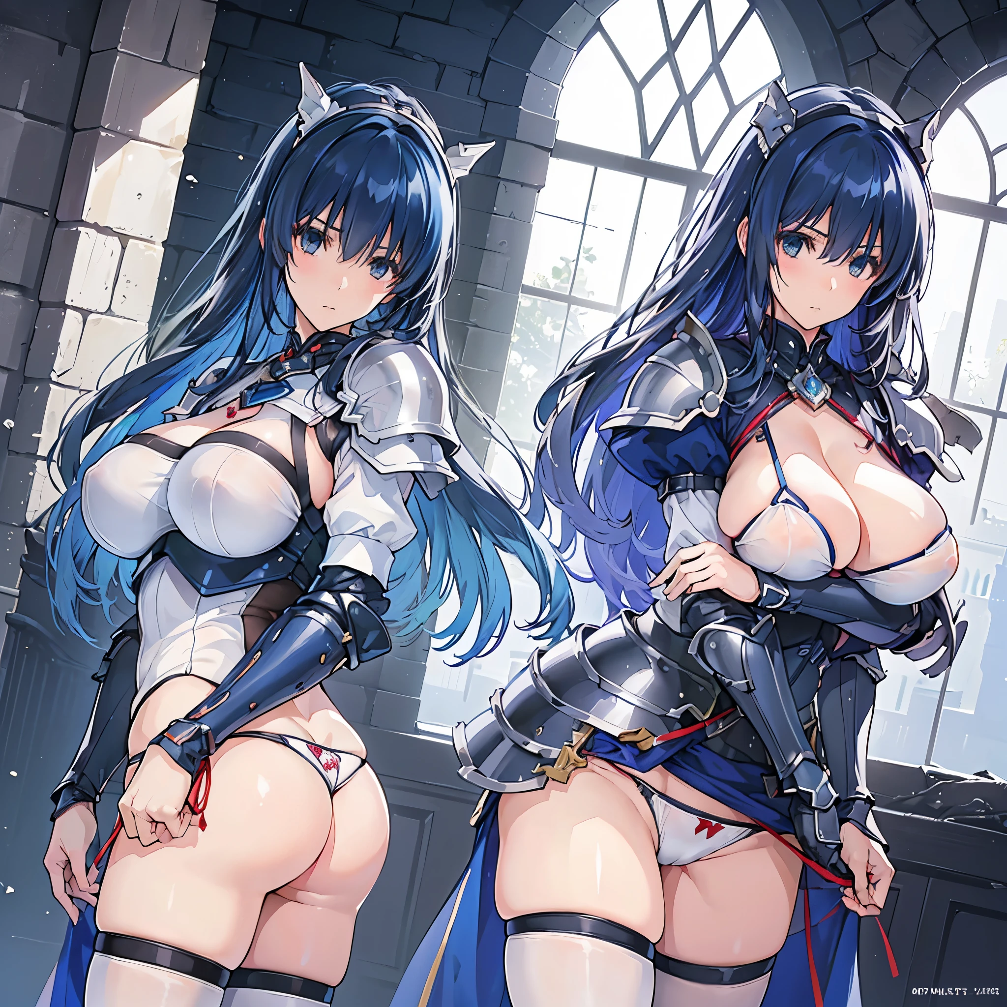 (best quality, In 4K, 8K, High resolution, muste piece:1.2),Super detailed, (Reality, photorealistic, photorealistic:1.37),2girls,30 year old woman,ripe woman,Mature woman,((Inside a castle),muste piece, Top quality, Ultra-fine,maximum resolution, Extremely detailed, ((Armor,white panties,holy knights,thigh high socks,huge breasts,groin,bottomless)),thong,Cord,blue hair,Seductive thighs,standing,blade in hand,ass