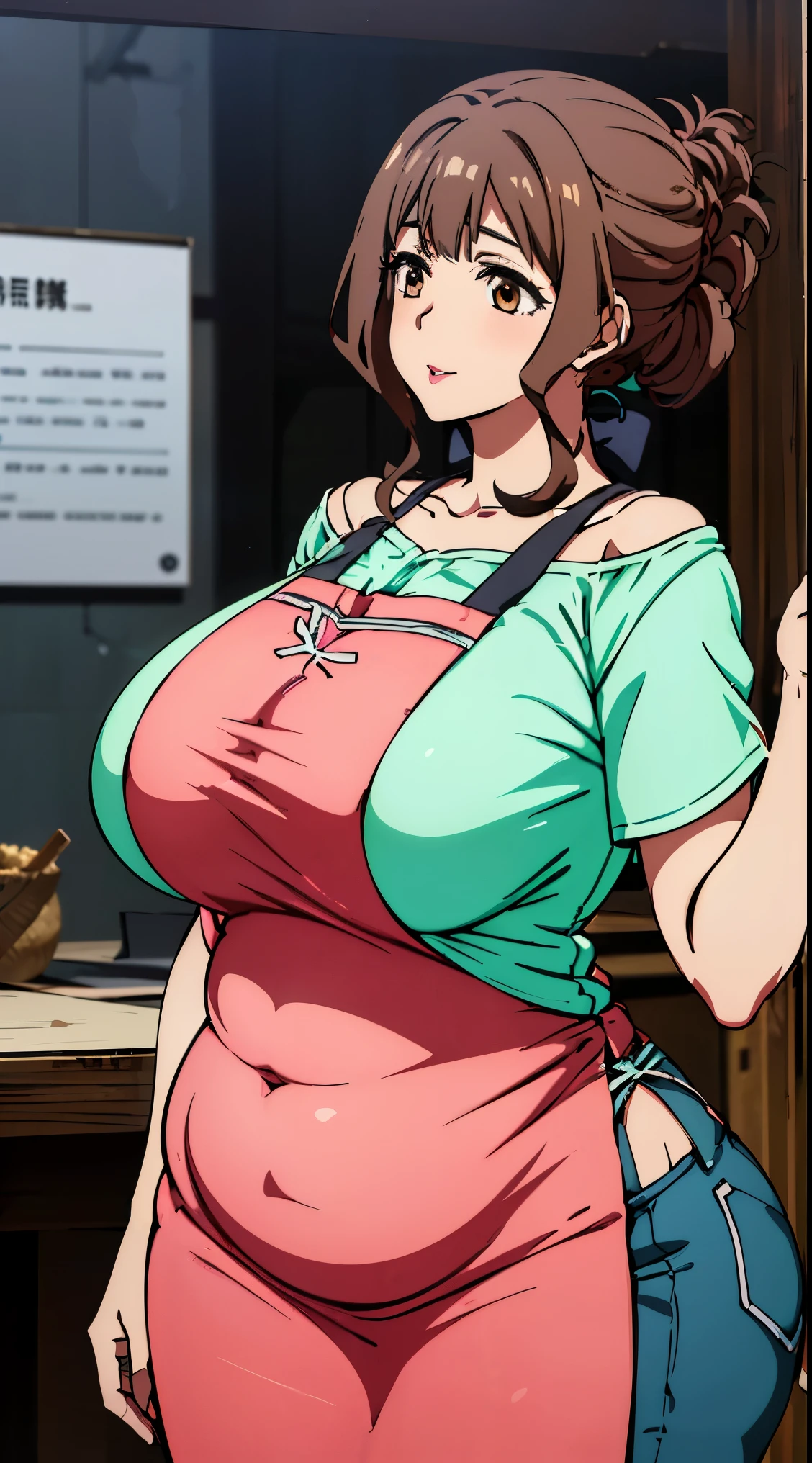 1 girl,(torino_kazami,mature female,gigantic breasts,plump,brown hair,brown eyes,updo,lipsticks,wide hips,thick tight)mature woman,huge breasts,Casual clothes、pink apron、Light green shirt、blue jeans、inside the house,Holding the baby