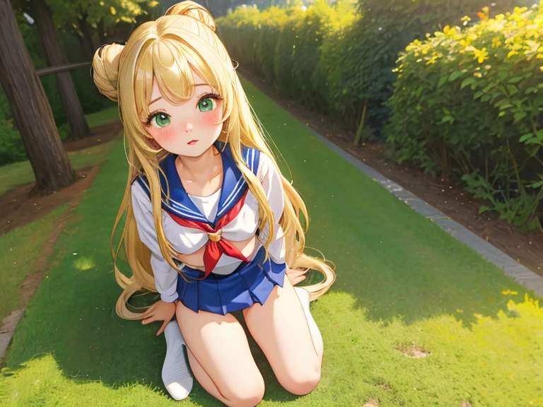 Akizuki Airi from hentai Oni chichi, blonde, long twintails, blue eyes, pregnant, micro skirt, large breast, is in the park, blush, sad face, looks at his belly