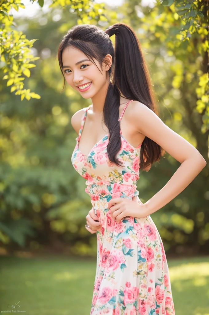 Dslr photo, (8k, 4k, masterpiece),beautiful pretty filipina asian woman, smiling, laughing, sunny, summer, bright, (girly), (feminine), outdoors, park, spaghetti strap pink floral sun dress, summer dress, long dark hair in ponytail, bracelets, blurry background, (hands on hips:1.2), (elbows out), high heels, single foot raised, cute, full subject in frame, full body view, holding purse, front view,