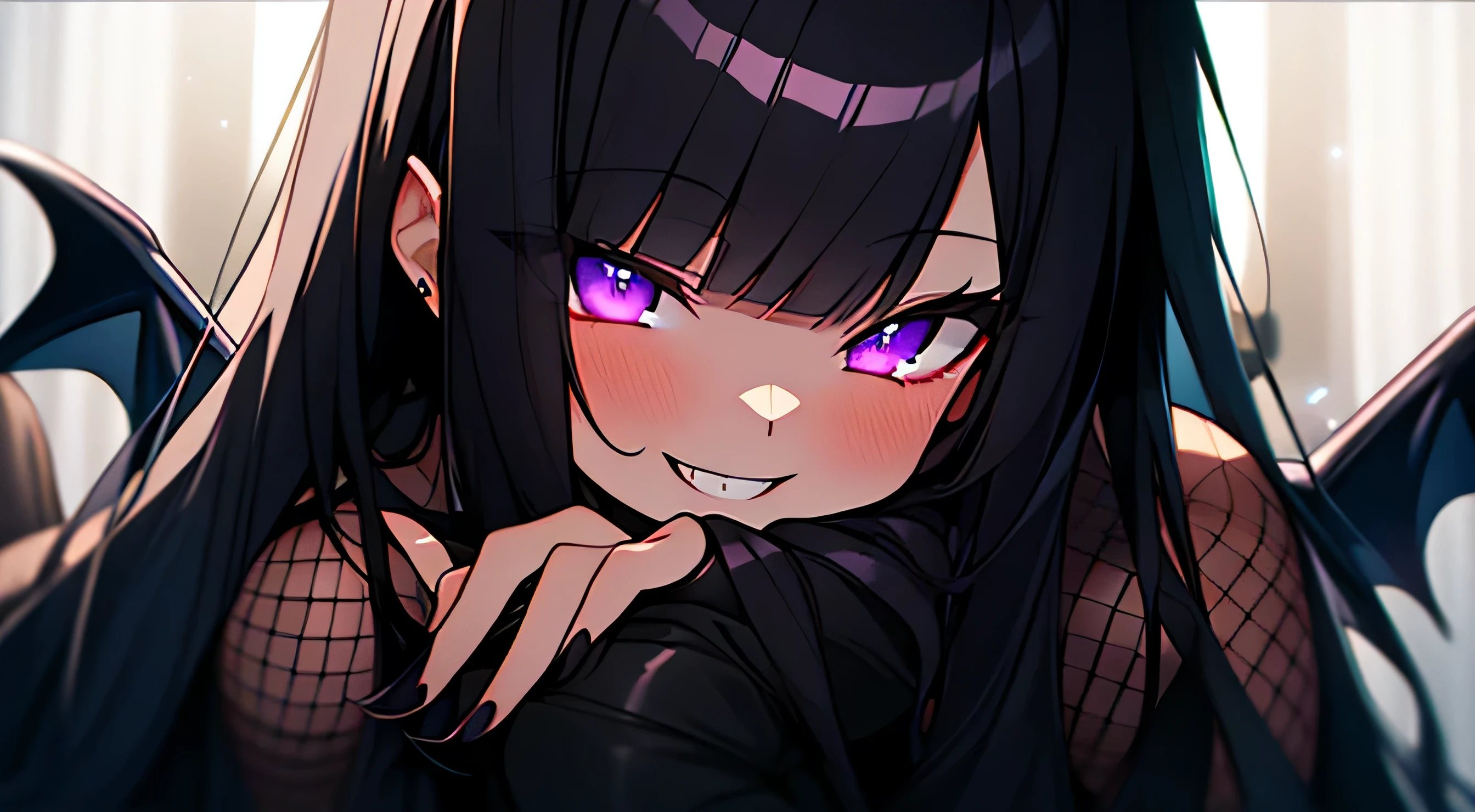 (moon night), alluring succubus,, vampire, dark gothic, Fishnet tights, black, (black hair), asymmetrical bangs, dull bangs, straight hair, long sideburns, both sides up, devilish girl, eyes are purple, teeth, make your eyes shine, cute, cute系, naughty smile, 八重teeth, power of darkness, cowboy shot,