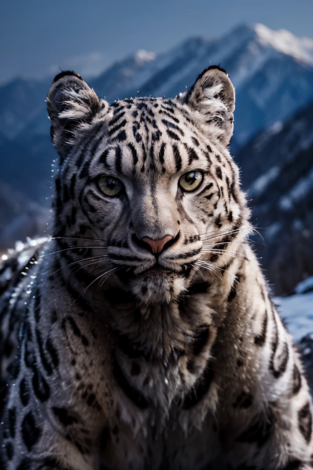 (Best quality,16 thousand.,32K,Highs,main part:1.2),ultra detailed,(Realistic,photorealistic,photorealistic:1.37),(Best snow leopard Orochi) glowing red eyes, Realistic fire, mountains background, Almaty city, lonely look at the camera, serious expression.