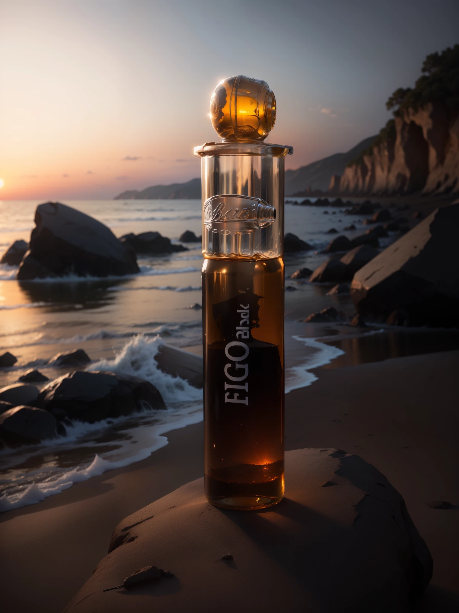A beach background, adjust this bottle in beach, beautiful view, and do some color adjustments
