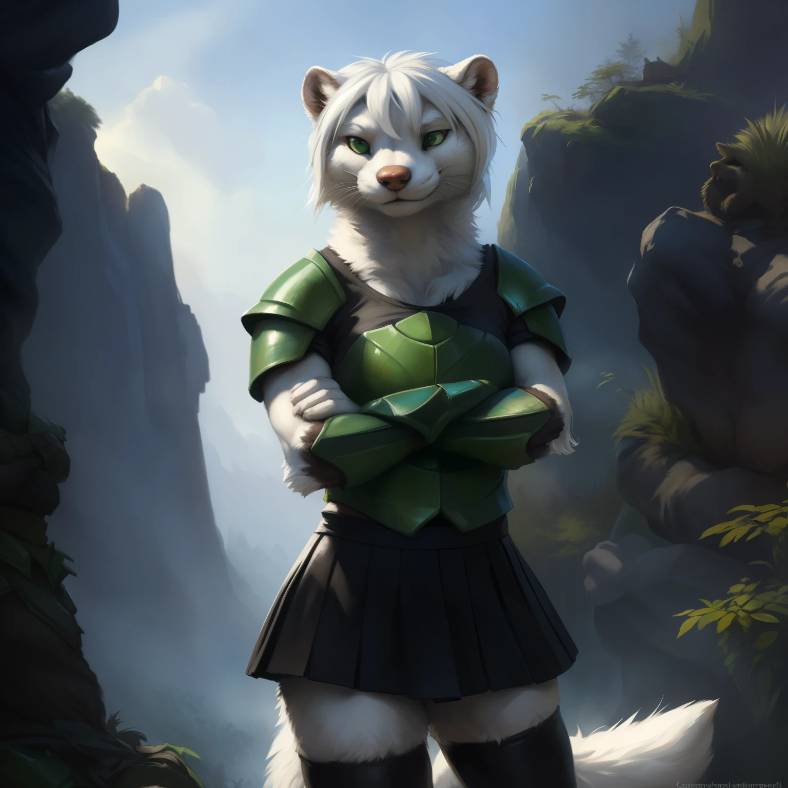 (ultra detailed), a beautiful and detailed full size portrait of a female anthro mustelid, stoat, tail, (((white body, fur, white skin, white hair))), green eyes, bedroom eyes, High Dynamic Range, detailed eyes, big body goddess, kenket, Ross Tran,ruan jia, trending on artstation,foxovh, cenematic lighting, big breaths, big , big , (((green armor, black under shirt, black skirt, black leg wear,))), vip, stone wall, grass, sewer entrance, medieval setting, full body, big butt, big butt, front view, standing, looking at viewer, vagina, angry, standing, covering crotch, detailed eyes, sweating, looking at viewer, fog, night, detailed background,
