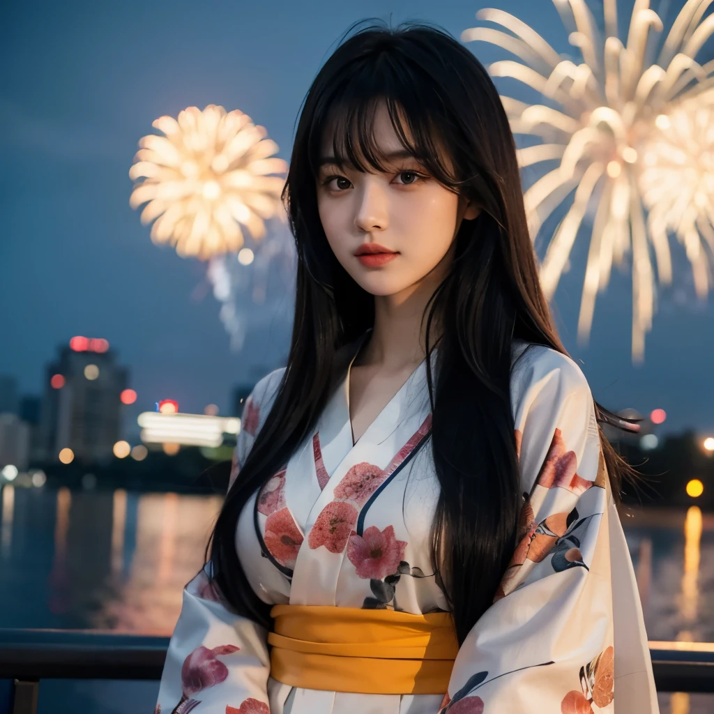 20 years old girl, slender, black long hair, hair loose, bangs on the head, brown eyes, stares straight ahead, Medium breasts,standing in a modern city, night, fireworks,kimono, top-down perspective,a beautiful picture,
