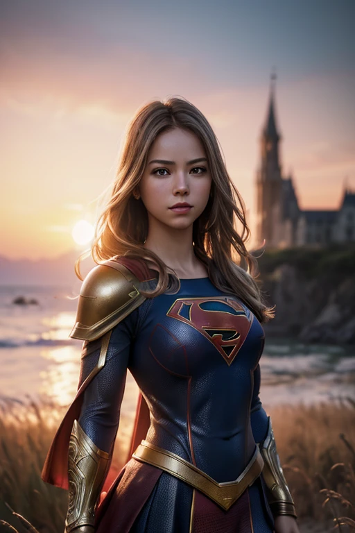 (masterpiece), (extremely intricate:1.3), (realistic), portrait of a girl, the most beautiful in the world, (supergirl armor), bikini, upper body, outdoors, intense sunlight, far away castle, professional photograph of a stunning woman detailed, sharp focus, dramatic, award winning, cinematic lighting, octane render unreal engine, volumetrics dtx, (film grain, blurry background, blurry foreground, bokeh, depth of field, sunset, motion blur:1.3), chainmail