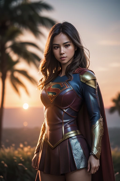 (masterpiece), (extremely intricate:1.3), (realistic), portrait of a girl, the most beautiful in the world, (supergirl armor), bikini, upper body, outdoors, intense sunlight, far away castle, professional photograph of a stunning woman detailed, sharp focus, dramatic, award winning, cinematic lighting, octane render unreal engine, volumetrics dtx, (film grain, blurry background, blurry foreground, bokeh, depth of field, sunset, motion blur:1.3), chainmail