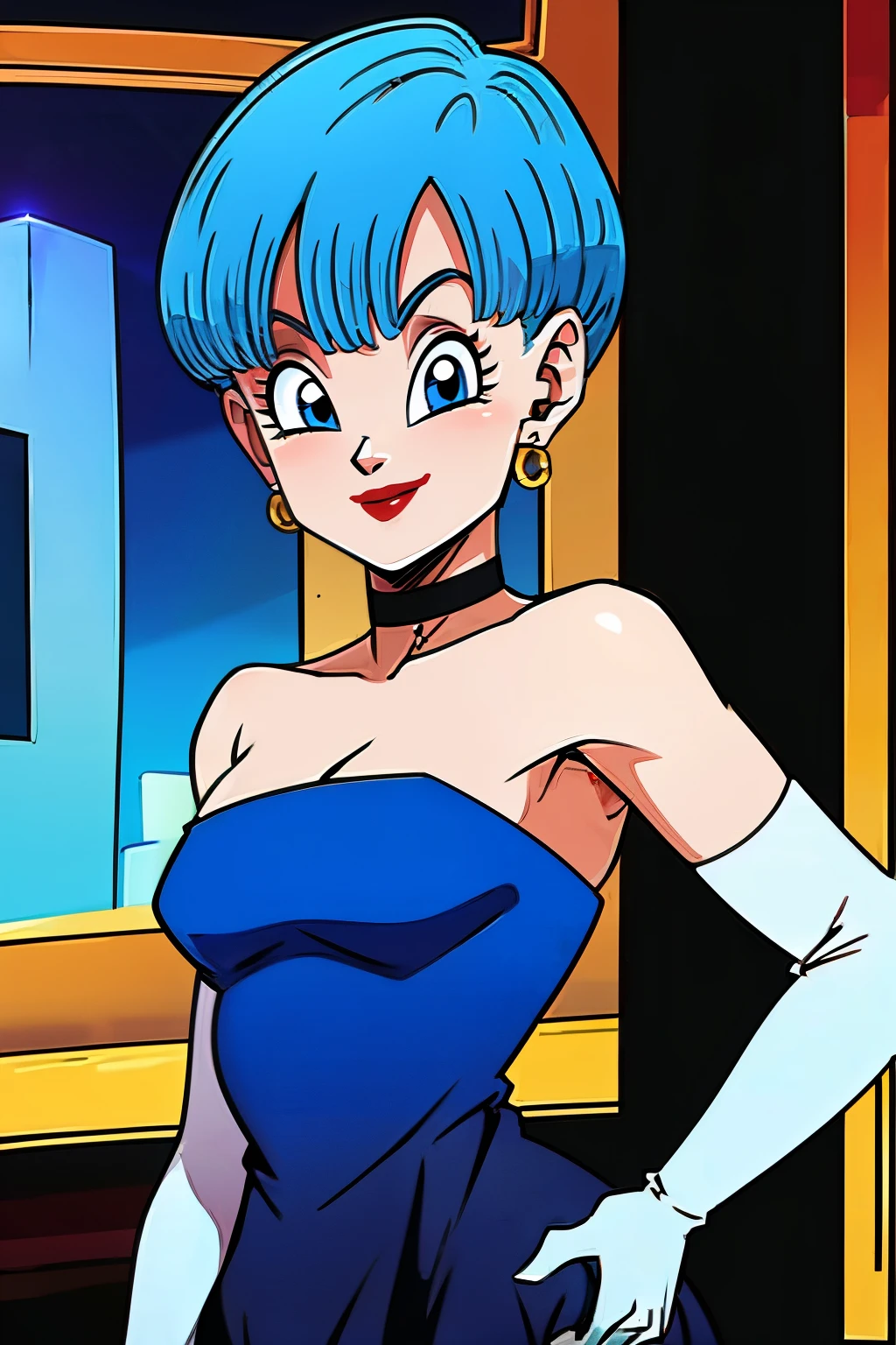 buruma_dbz_buu, light blue dress, strapless dress, long white elbow gloves, smile, light red lipstick, dark purple eye shadow, makeup, black choker, cowboy shot