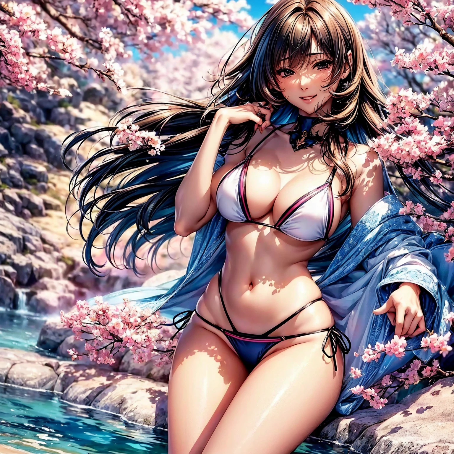 (highest quality、masterpiece、very high resolution、ultra high resolution.High resolution detail 1.5)、A woman of perfect and ultimate beauty(18 years old 1.5)、realistic portrait、Beautiful with a slender body shape(F Cup 1.5)、beautiful body、beautiful face、beautiful hair、Realistic textured skin and、((elegant bikini,bikini swimwear)),、bright smile、Hair flutters under the influence of the wind、Open-air bath with beautiful cherry blossoms、Mysterious hot springs、beautiful scenery、(exact details、detailed images、accurate image、Perfect Image 1.5)、、beautiful anime woman, beautiful art style, anime character、Overall image、detailed images、accurate anatomy、Image without defects、natural soft light、beautiful images、非常にdetailed images、(Best Shot 1.2)