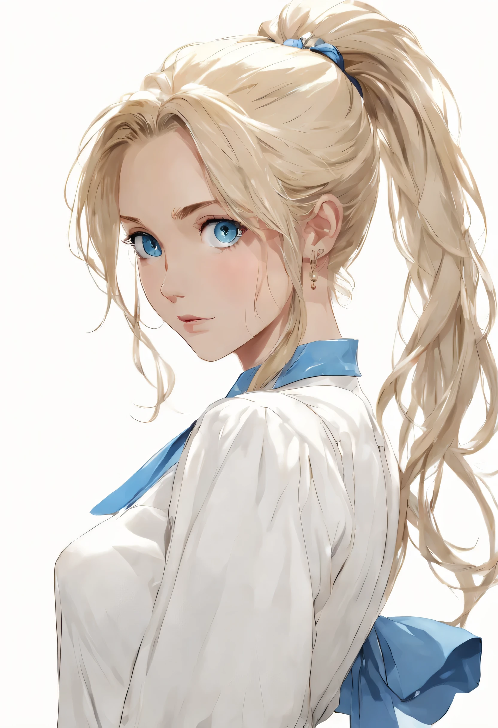 throw, ((masterpiece, highest quality)), Upper body, 1 girl, alone, (white background:1.3), (simple background:1.3), long hair, ponytail,blonde, blue eyes, white blouse, looking at the viewer,