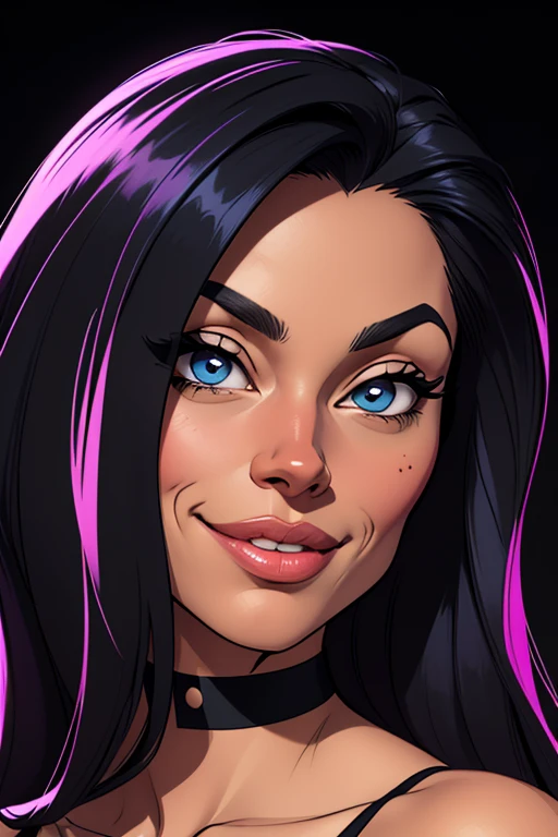 (masterpiece, best quality:1.2), extremely detailed, detailed hair, intricate details, finely detailed, [[soft lighting, volumetric lighting]], 1girl, (solo), looking at viewer, mature female,( portrait:1.4), muscular, muscular female, large breasts, (sleeves), , (blunt bangs, hair intakes, asymmetrical hair , blunt bangs, black hair ,gradient hair), smirk, smug , , pale skin , choker , freckles , lipstick, (black lips), eyeshadow, half-closed eyes, teeth, (A modern, minimalist white room with floor-to-ceiling windows and natural light ), <lora:shadV6.1LOL:1>