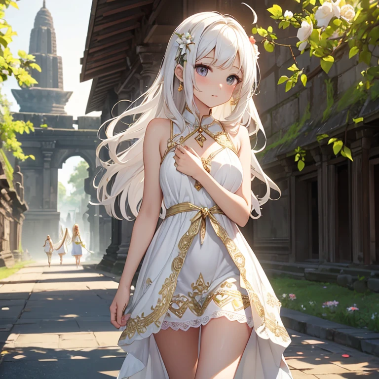 Bautiful skins、beautiful breast、a blond、nsfw, Floral javanese dress clothes、long dark brown wavy hair, flower hairpin、great sword, atmospheric of bless, amazing, summer, In the prambanan temple, walking in the road, gold accent, ((White_Summer_Dress:1.5)、1 girl, solo, Small breasts, Skinny Legs, upskirt, add banner with letter "princess of java".