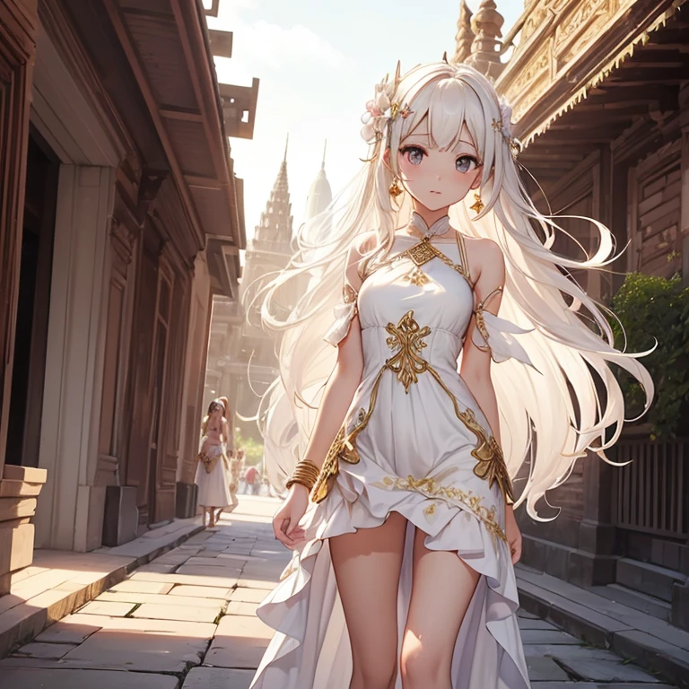 Bautiful skins、beautiful breast、a blond、nsfw, Floral javanese dress clothes、long dark brown wavy hair, flower hairpin、great sword, atmospheric of bless, amazing, summer, In the prambanan temple, walking in the road, gold accent,  ((White_Summer_Dress:1.5)、1 girl, solo, Small breasts, Skinny Legs, upskirt, add banner with letter "princess of java". 