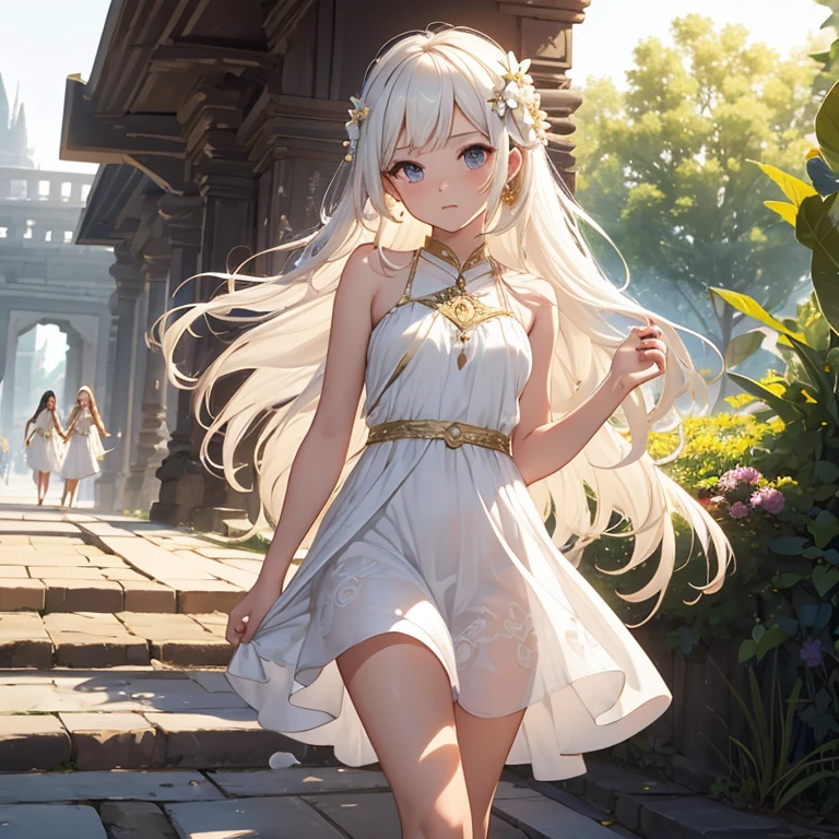 Bautiful skins、beautiful breast、a blond、nsfw, Floral javanese dress clothes、long dark brown wavy hair, flower hairpin、great sword, atmospheric of bless, amazing, summer, In the prambanan temple, walking in the road, gold accent, ((White_Summer_Dress:1.5)、1 girl, solo, Small breasts, Skinny Legs, upskirt, add banner with letter "princess of java".