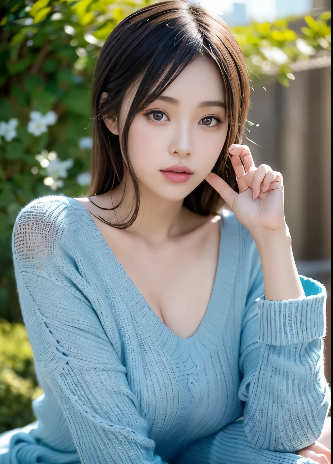Generate images of dark-haired women with a novel artistic vibe that stands out in light blue color in high quality. She has an individual fashion style and has graceful and attractive black hair. Her hair is rich and shiny, accented by light blue color highlights. The background is a fantastic and dreamy landscape, interwoven with soft light blue tones and abstract elements. Her poses are fluid and give a feel of natural movement and energy. The effects of light and shadow are attractively expressed, and the faces and expressions that are carefully depicted in detail are emotionally rich and attractive. The overall atmosphere is modern and novel, yet with a unique artistic touch. This image is of high quality and beautifully colored light blue, which will evoke visual stimulation and aesthetics, and will interest and surprise the viewer. We create works that incorporate the charm of a dark-haired woman with a novel color combination of light blue.
