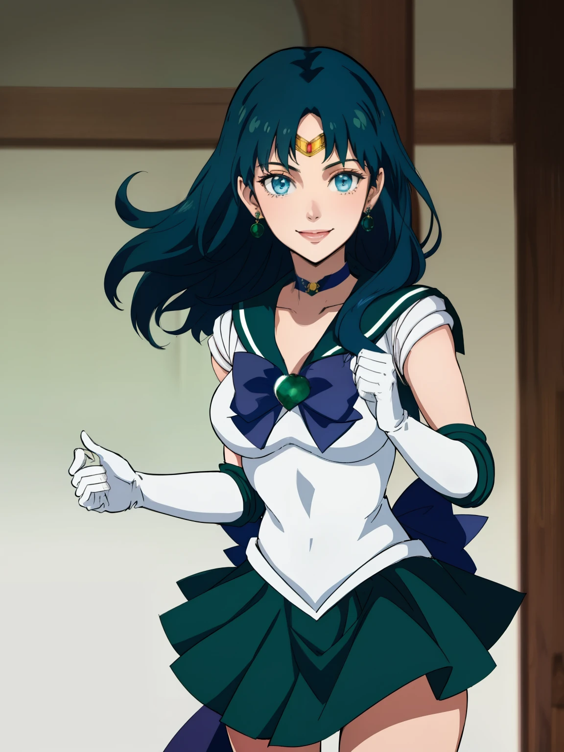 fembyleth, blue hair, blue eyes, sailor moon outfit, deep green skirt, elbow gloves, tiara, deep green sailor collar, red bow, deep green choker, white gloves, jewelry, smile