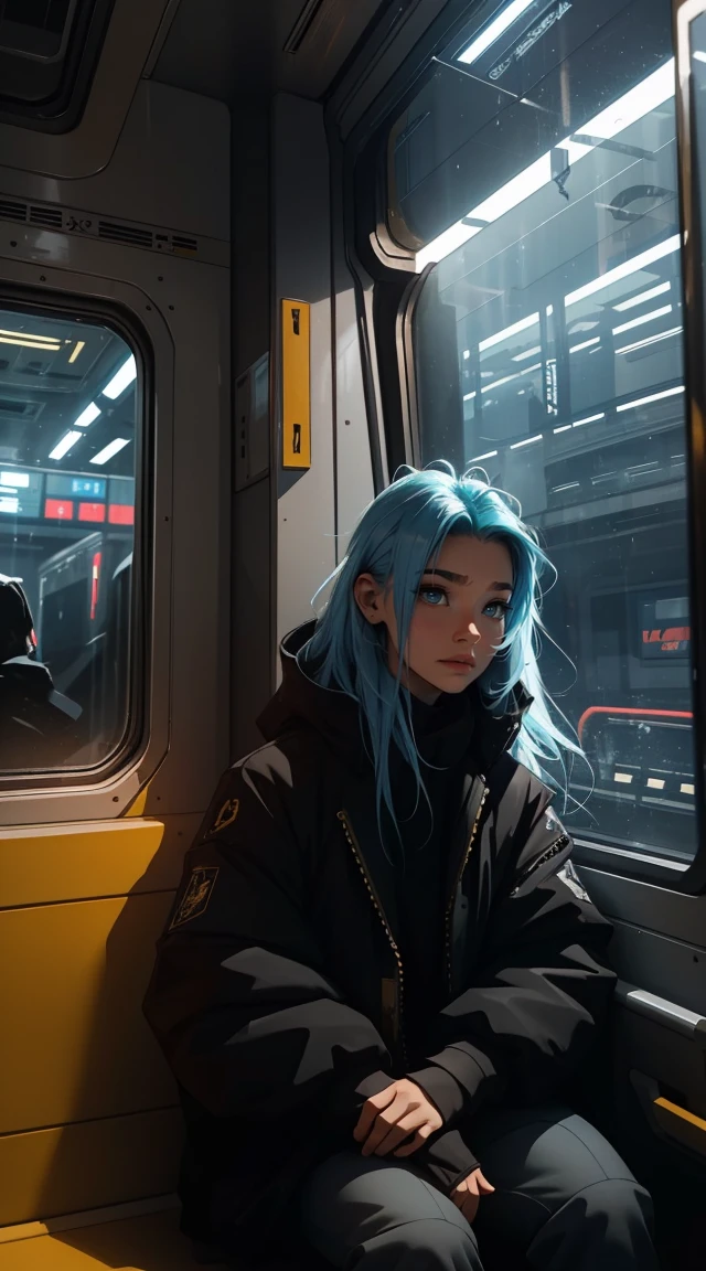 The train of the future, cyberpunk, sitting beside the window, pensive poses, look at the stars, head stuck to glass, landscape passing by at high speed, Night, Beautiful starry sky, beautiful woman, Ultra HD portraits, (high quality) (Ultra-detailed) Looking at the audience dressed in hip-hop style streetwear; distinct, Colorful, long blue and gold hair 🌈