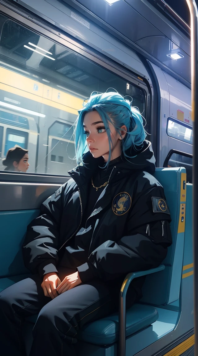The train of the future, cyberpunk, sitting beside the window, pensive poses, look at the stars, head stuck to glass, landscape passing by at high speed, Night, Beautiful starry sky, beautiful woman, Ultra HD portraits, (high quality) (Ultra-detailed) Looking at the audience dressed in hip-hop style streetwear; distinct, Colorful, long blue and gold hair 🌈