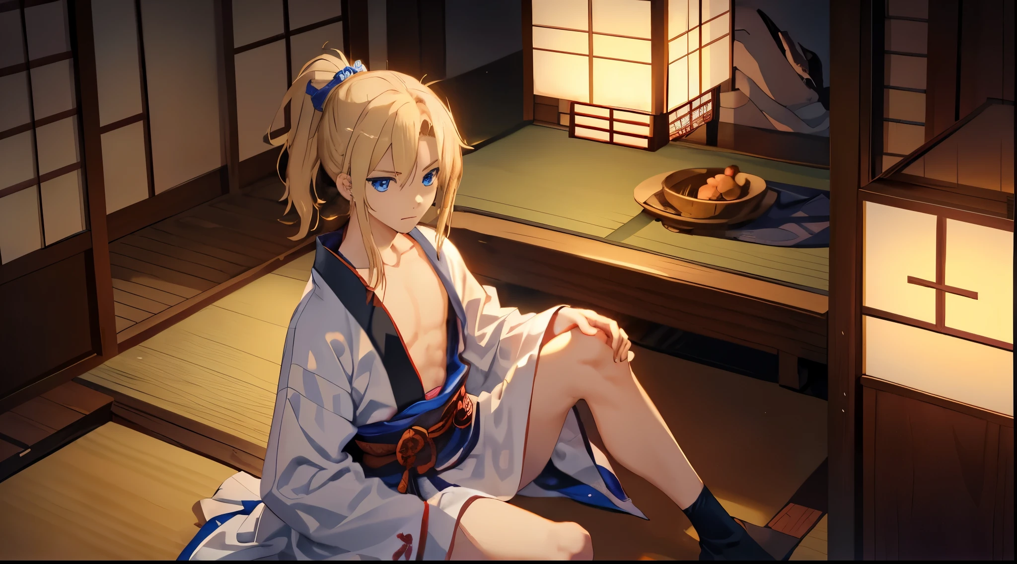 1boy,Masculinity,blond hair,ponytail,blue eyes,no bra,A Japanese-style room,late at night,alone,kimono,Sitting