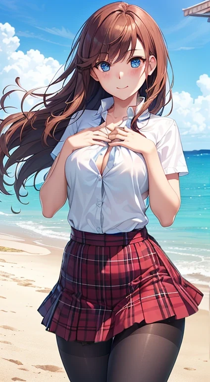 The blue plaid skirt was blown by the wind