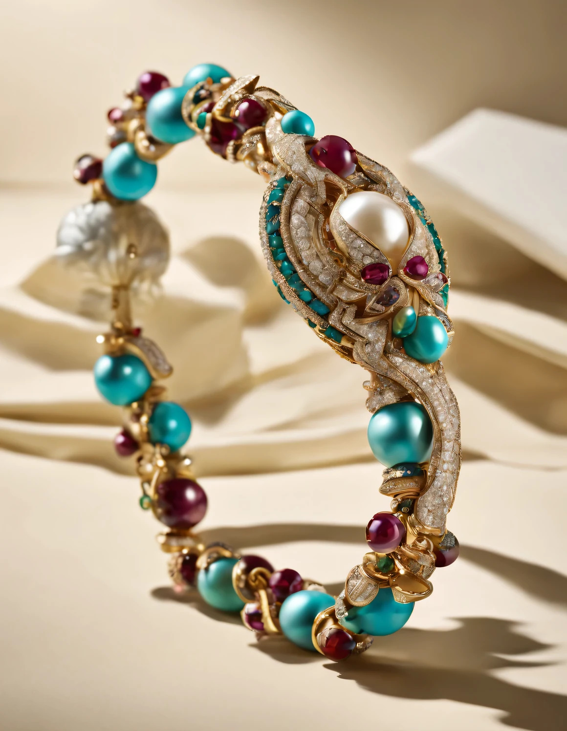 Mayan empire style, portrait，In 1920，unique pearls and diamonds，ruby，turquoise，emeralds，Bangle-style bracelets are eye-catching with their exaggerated designs and exquisite craftsmanship。First of all, this kind of bracelet is very visually impactful..。Its beads are larger than ordinary beads，and extremely dense。Some pearls are as big as quail eggs，The surface shines with a deep luster，And the inlay of diamonds is even more bold，Each one is as bright as a star，Covers almost the entire surface of the bracelet，The chain part of the bracelet is also different，Made from a mixture of metals，such as gold、platinum、rose gold etc..，Create unique color contrasts，The shape of the chain is also carefully designed，distortion、bending，Bracelet comes with various pendants and ornaments，Some pendants are heart-shaped，Some are flowers or other abstract shapes。These pendants and ornaments feature pearls and diamonds，Make the whole bracelet look more gorgeous and exaggerated