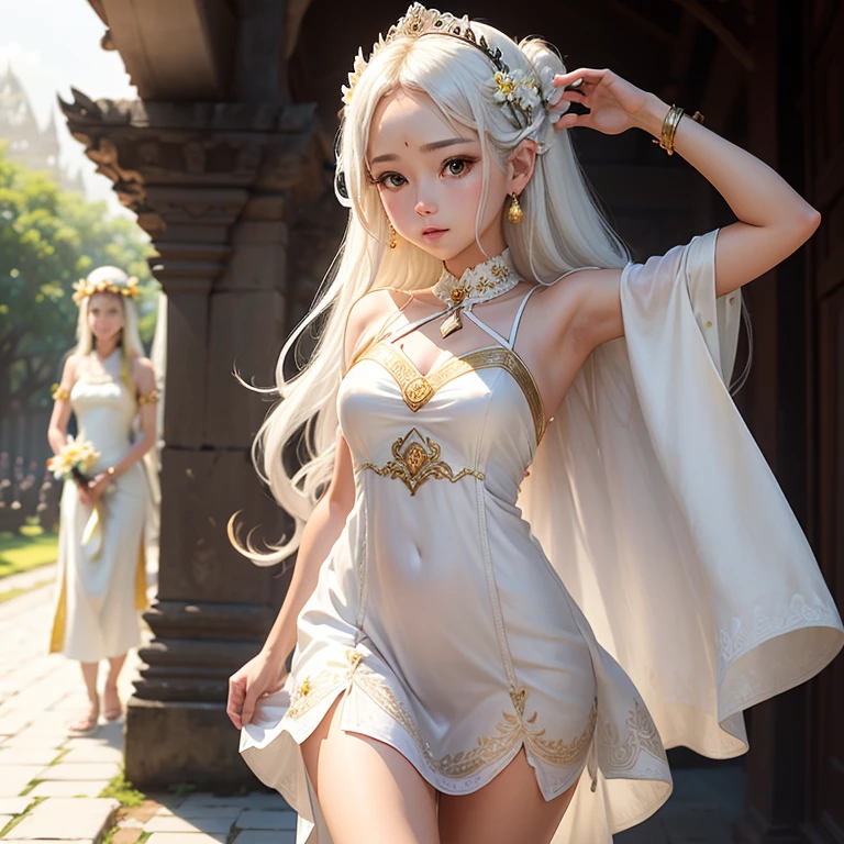 Bautiful skins、beautiful breast、a blond、nsfw, Floral javanese dress clothes、long dark brown wavy hair, flower hairpin、great sword, atmospheric of bless, amazing, summer, In the prambanan temple, walking in the road, gold accent, ((White_Summer_Dress:1.5)、1 girl, solo, Small breasts, Skinny Legs, upskirt, add letter "princess of java".